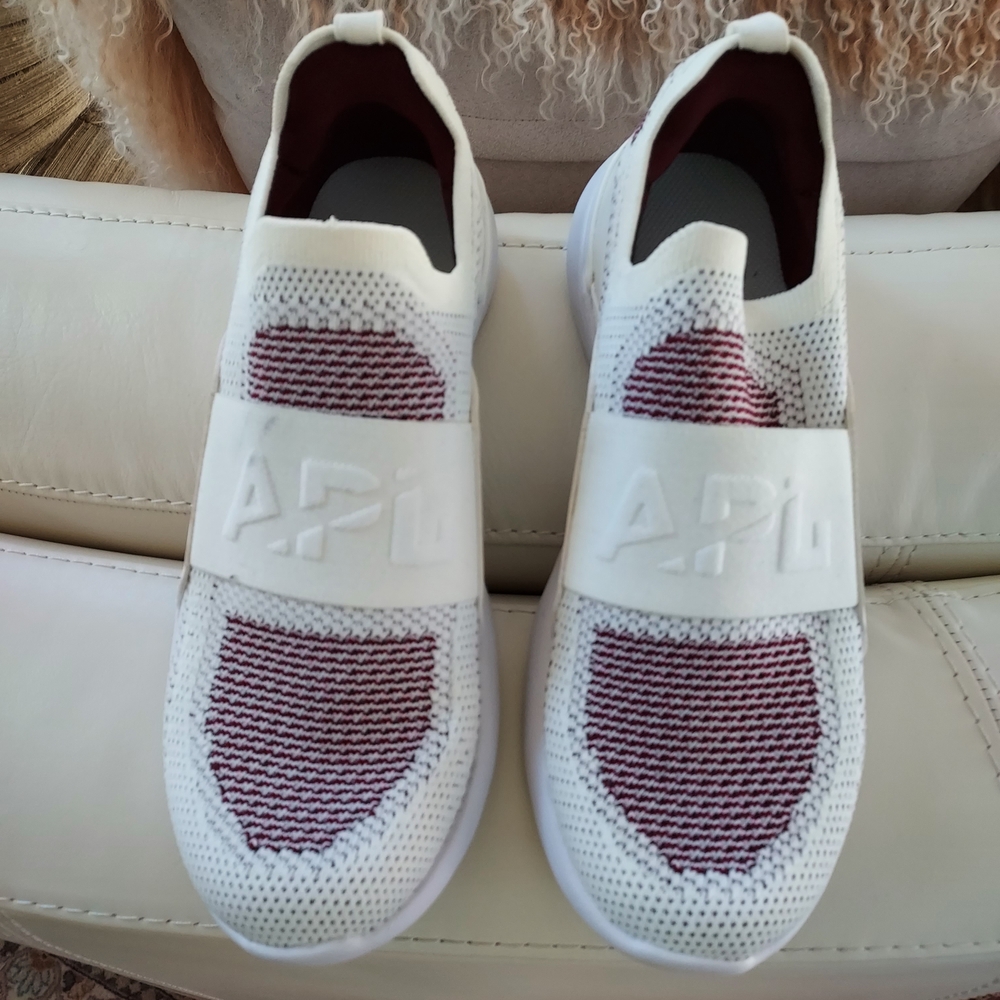 APL White and Maroon Knit Slip-On Shoes